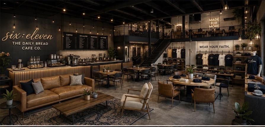 six:eleven interior — coffee bar, seating, apparel shop