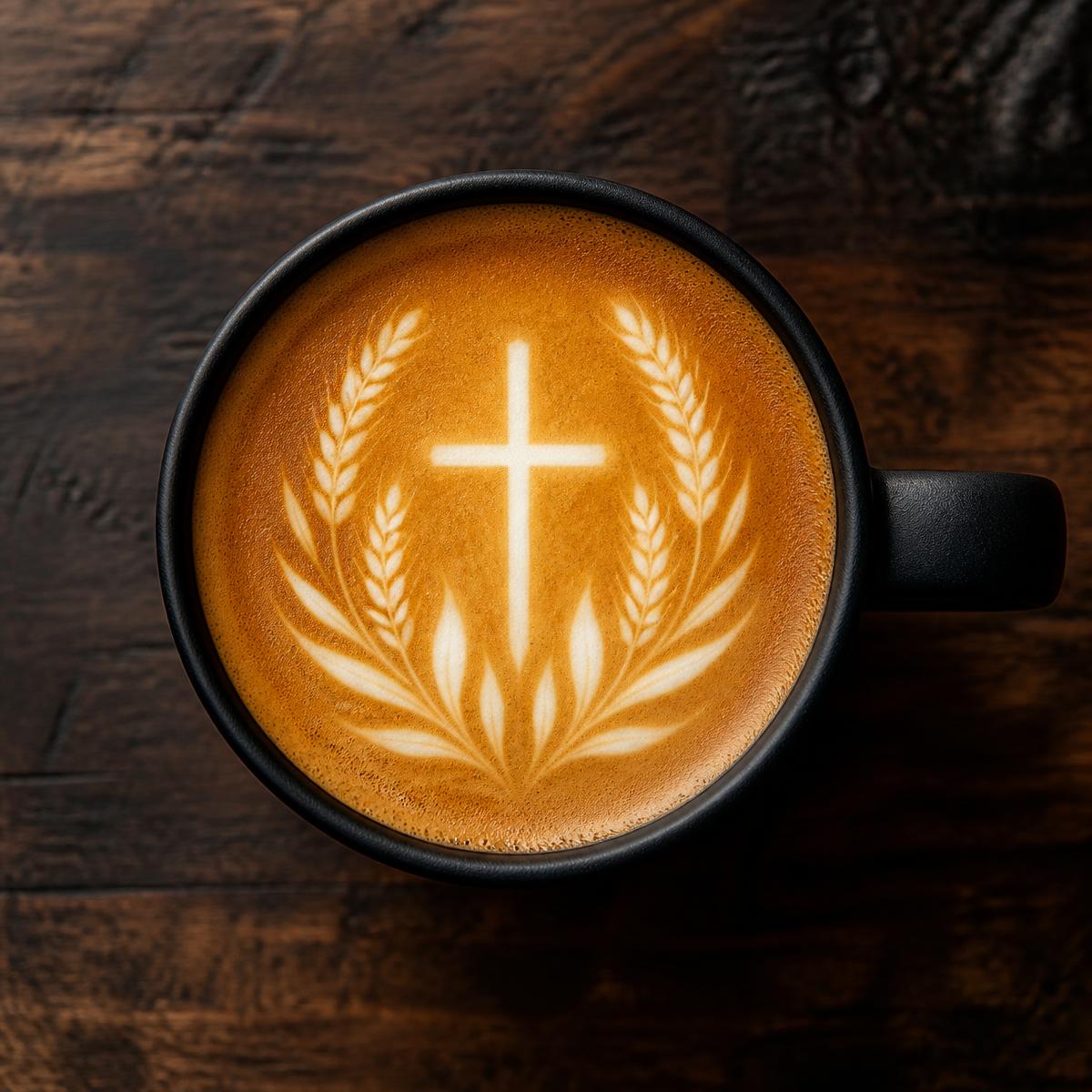 Latte art featuring a cross and wheat