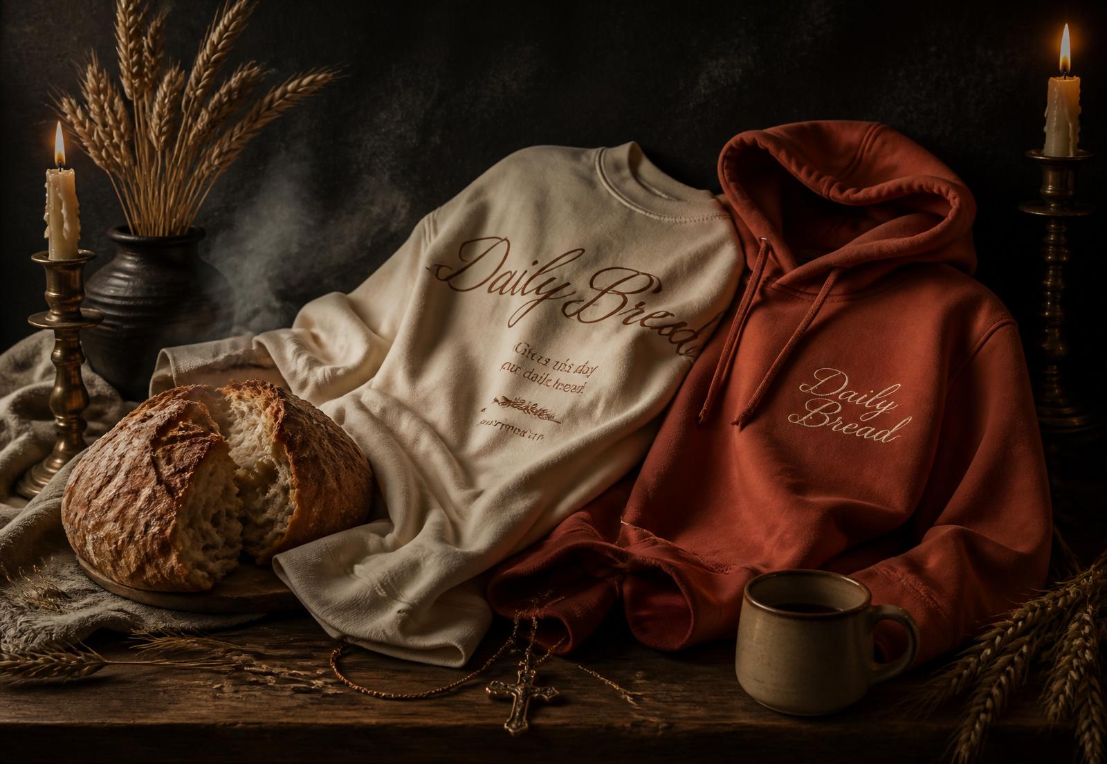 Daily Bread apparel campaign — cream heavyweight crew and terracotta hoodie draped beside a torn sourdough loaf, wheat stalks, and candlelight